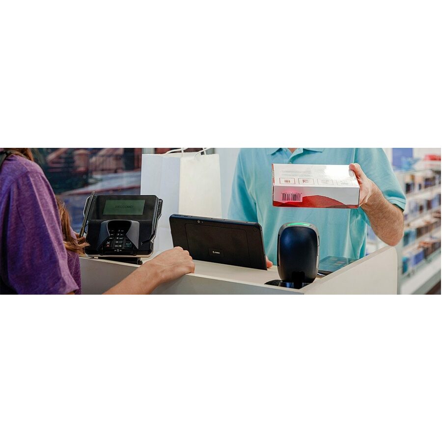 Zebra DS9308-SR black countertop barcode scanner USB kit for point-of-sale checkout — life-style view