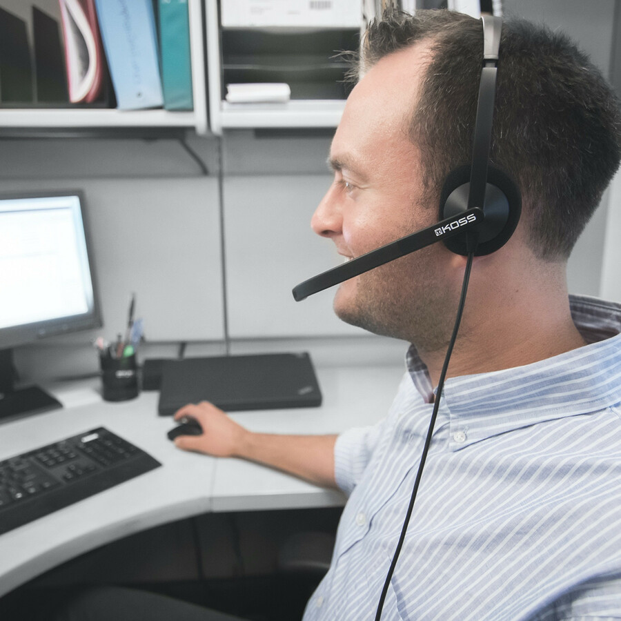 Koss double-sided wired headset with noise-canceling microphone and D-profile fit — life-style view