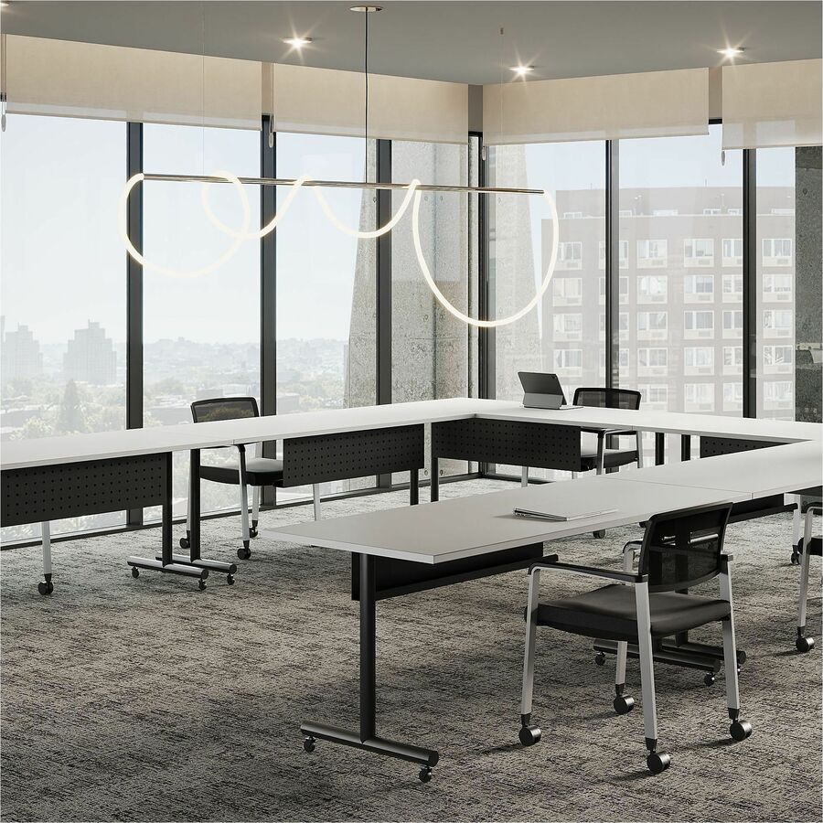 LLR62593 - Tabletop easily fits the Lorell Width-Adjustable Training Base (sold separately) to create a versatile training table that is easy to set up, move and store. The 1" thick top is made of particleboard and features a melamine surface for a smooth work area. Design also includes a straight edge and 3mm edgebanding.