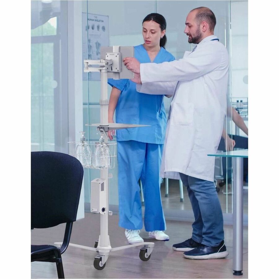 Universal tablet cling medical rolling cart in extended white finish for clinical use — life-style view