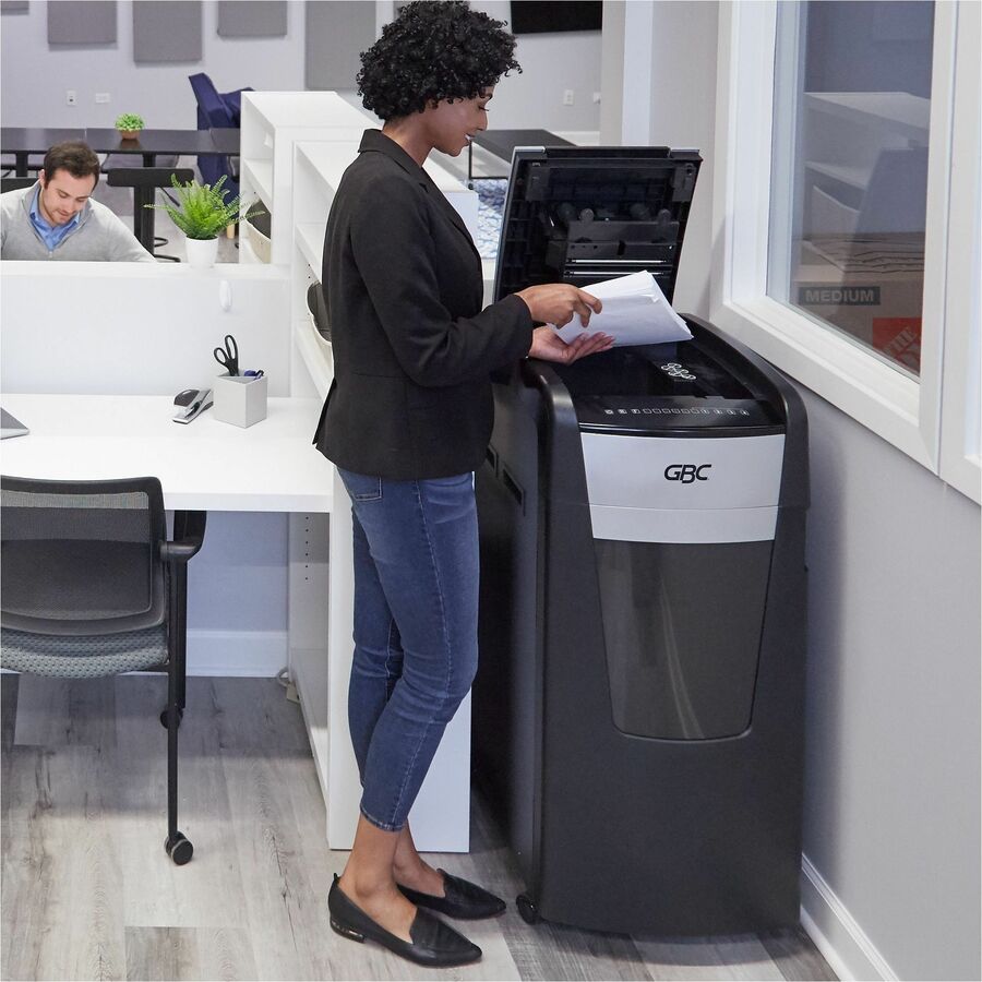 GBC AutoFeed+ Large Office Shredder, 750M, Micro-Cut, 750 Sheets - Continuous Shredder - Micro Cut - 15 Per Pass - for shredding Credit Card, Paper Clip, Staples, Paper - P-5 - 4 Hour Run Time - 37 gal Wastebin Capacity - Black