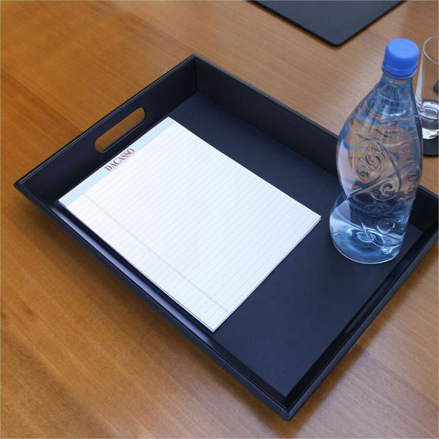 DACA1333 - Serving Tray is wrapped completely in faux-leather for a professional look in a cost-efficient design. The handles allow for easy carrying of beverages or documents. It's perfect for storing paperwork or keeping beverage and food service accessories organized.