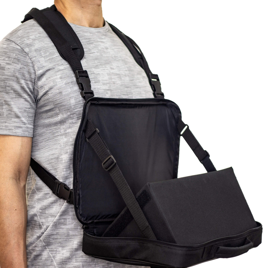 Joy Factory AXTION collapsible sun visor and shoulder harness accessory for compatible tablet cases — life-style view
