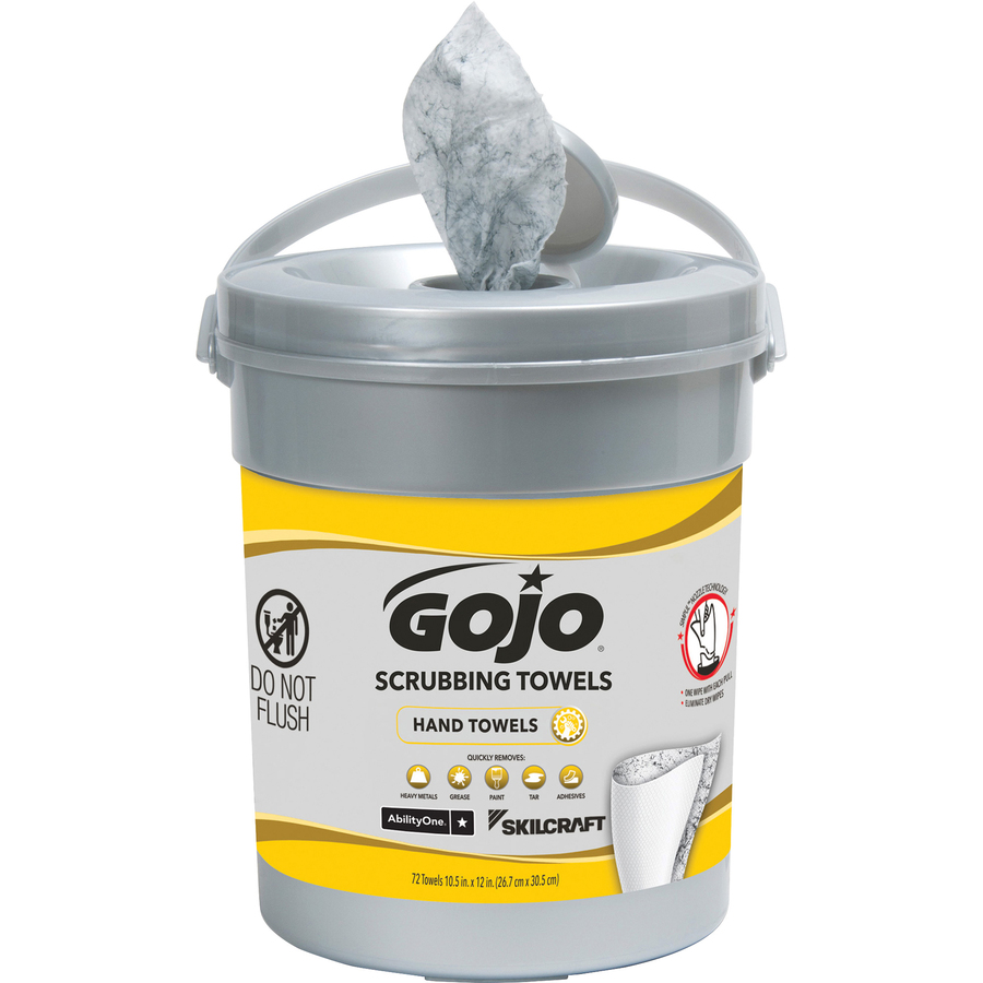 NSN6997556 - Use GOJO Heavy-Duty Dual Textured Scrubbing Towels to tackle tough cleaning jobs including heavy soils, tar, grease and adhesives. Textured, pre-moistened towels work quickly to scrub away dirt and soils in settings where water is not accessible. Smooth side quickly absorbs dirt. Formula with a fresh citrus scent contains skin conditioners to prevent dryness and irritation. Extra-large size can minimize number of towels for big messes.