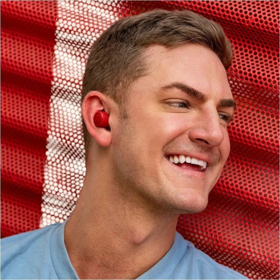 JLab Go Air Pop true wireless earbuds in rose with charging case — life-style view