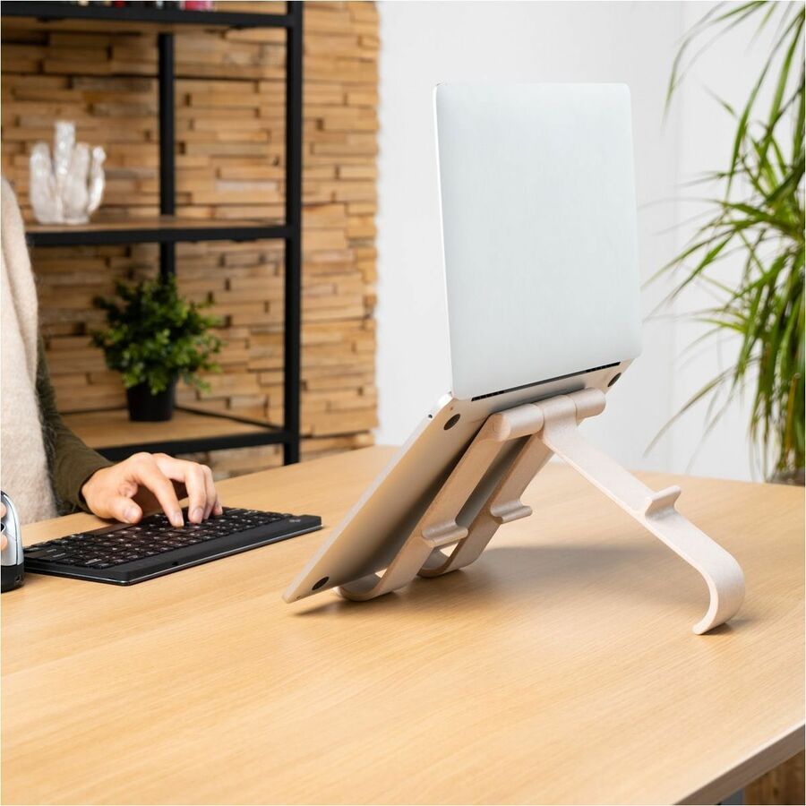 R-GO ERGONOMIC LAPTOP/TABLET STAND, TREEPOD BIO-BASED, ADJUSTABLE, WOOD, TAA COM — life-style view