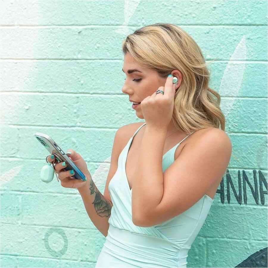 JLab JBuds Mini true wireless earbuds in mint with compact charging case — life-style view