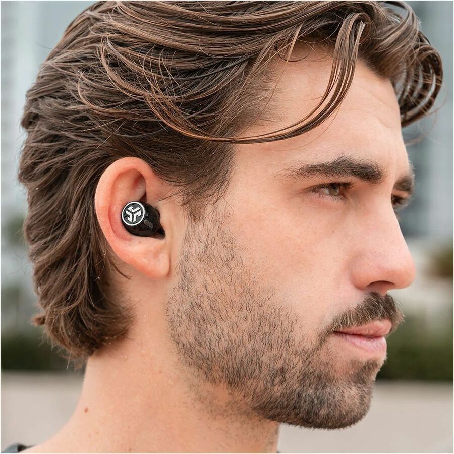 JLab Epic Lab Edition true wireless earbuds in black — life-style view