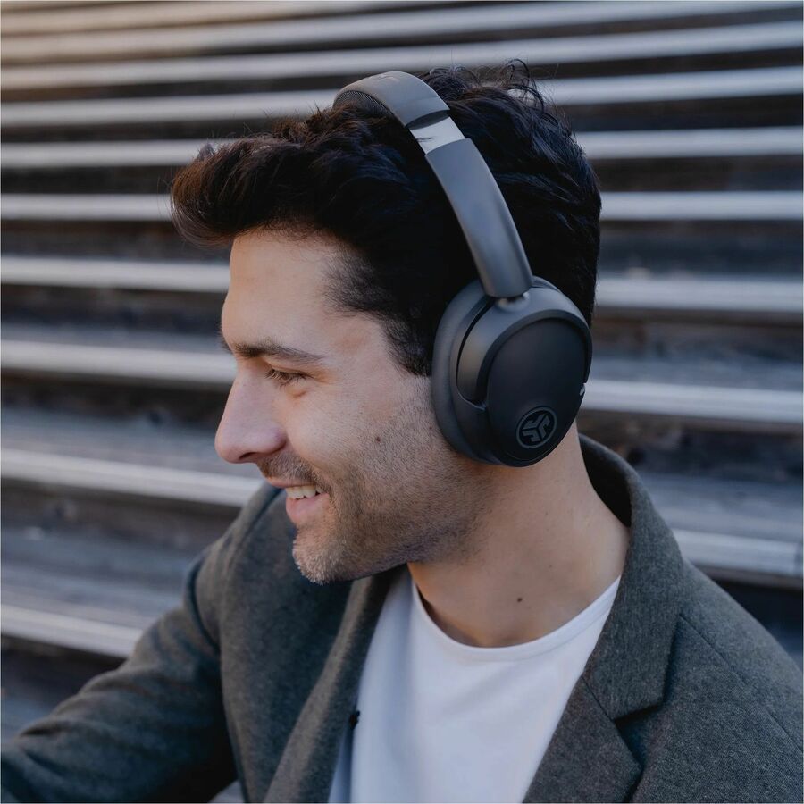 JLab Audio JBuds Lux ANC wireless over-ear headphones in gray and purple — life-style view