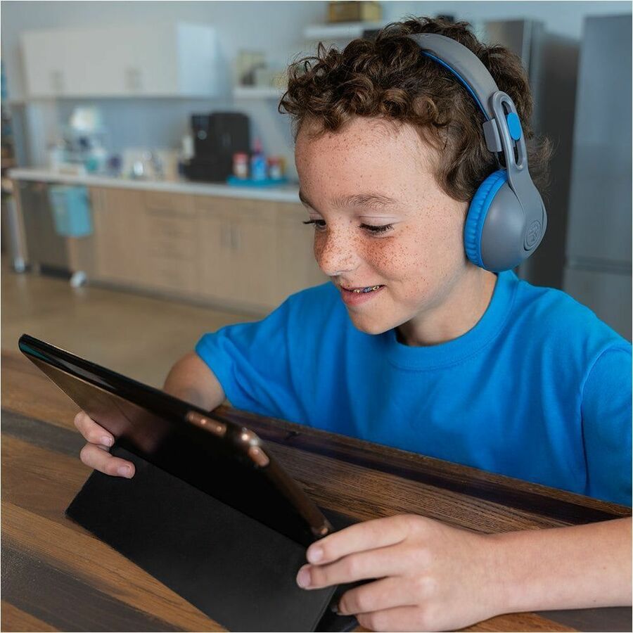 JLab JBuddies Studio 2 wireless over-ear headphones in gray and blue — life-style view