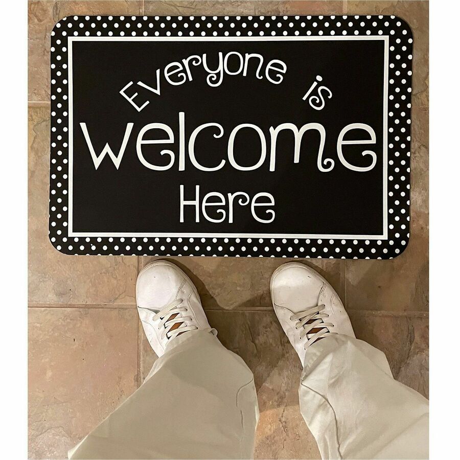 ASH91508 - Transform your classroom with this vibrant, decorative floor mat. Smart Poly Original Fun Welcome Mat reads "Everyone is Welcome Here" outlined with a chalk loop for a welcoming feel. Elevate your learning environment with the eye-catching, durable design to inspire and engage students. Slip-resistant, heavy rubber backing ensures safety. Absorbent, printed soft surface is easy to clean.