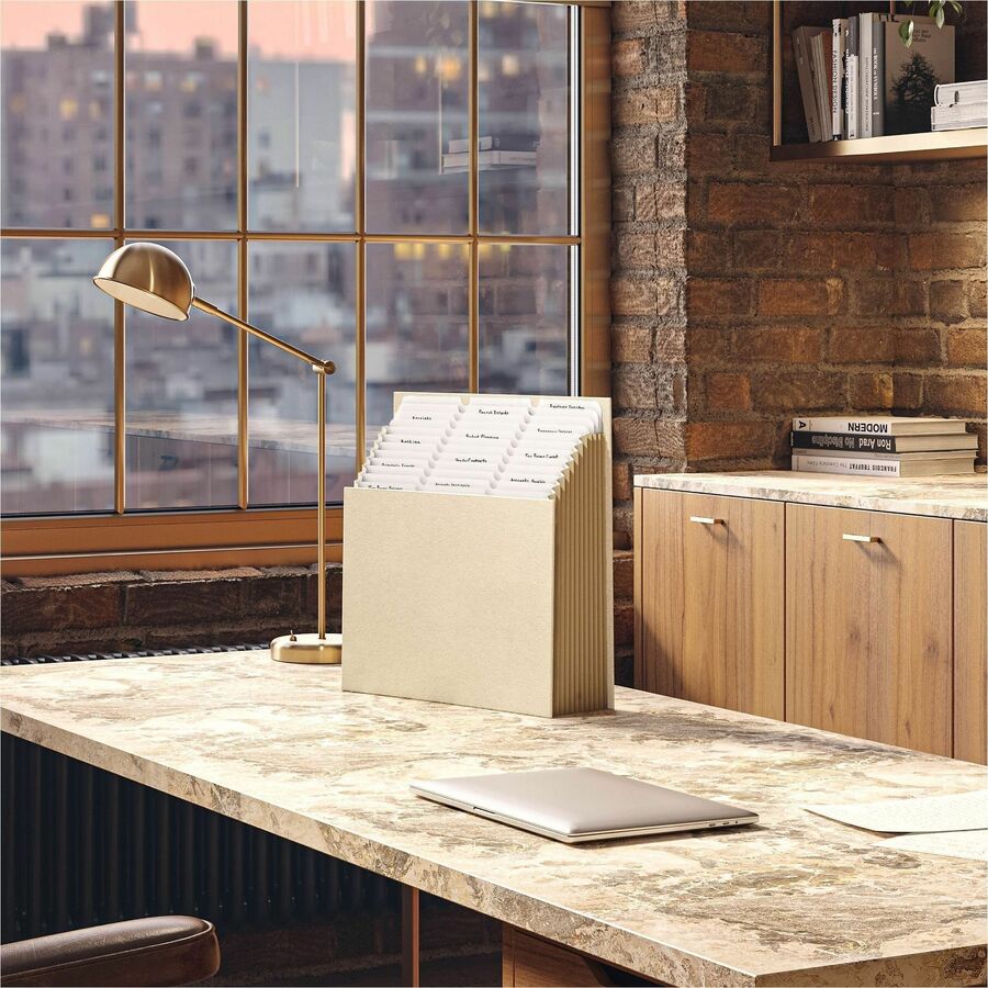 Smead Stadium 1/3 Tab Cut Letter Recycled Expanding File - 8 1/2" x 11" - 900 Sheets Capacity - 10 1/2" Expansion - 12 Pocket - Assorted Tab Position - 11 Divider - Paper, Linen, Stock - Beige - Durable, Heavyweight, Textured, Tab, Reinforced Gusset, Expa