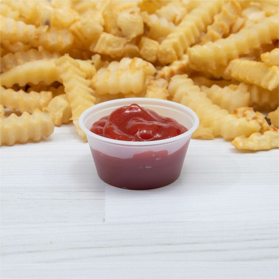 DCC200PC - Conex Complements Portion Containers provide the perfect portion for any purpose. Durable, crack-resistant polypropylene allows diverse dining and carryout applications in today's foodservice market. Portion containers are perfect for anything from small hot or cold side dishes to salad dressing and whipped butter. Combine with Solo 2 oz. PET Plastic Souffle Cup Lids or 1.5 oz. to 2.5 oz. Plastic Souffle Cup Lids (none included) to easily transport side sauces such as ranch dressing, marinara, salsa and more.