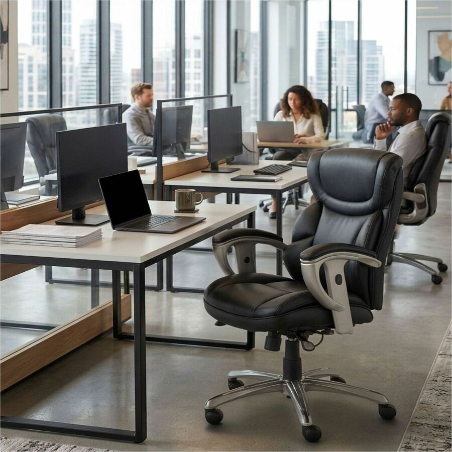 Serta Chair - Black Seat Color - Black Back Color - Mid Back - Black - MDF, Memory Foam, Bonded Leather - Armrest - 1 Each