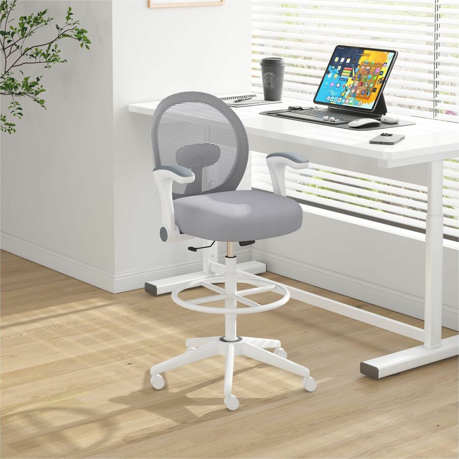 Boss Mesh Flip-Arm Stool - Gray Seat Color - Foam, Fabric Seat Material - Gray Back Color - Mesh Back Material - White Frame Color - 5-star Base - Gray - Mesh, Fabric - Armrest - 1 Each