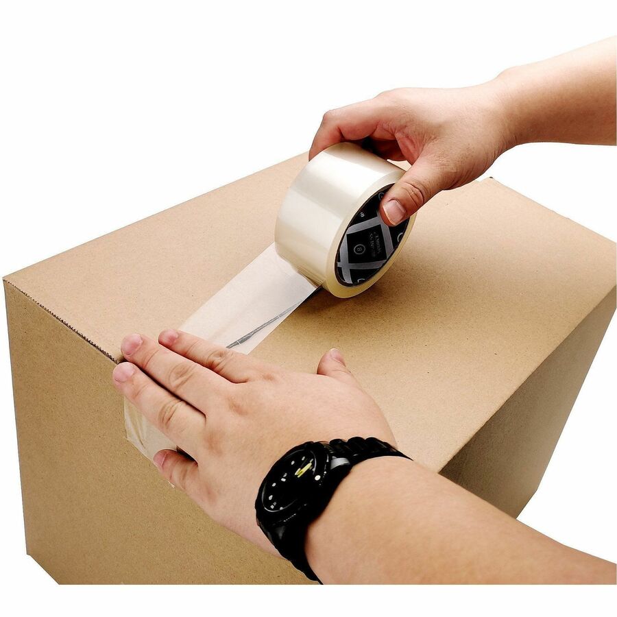 BSN32936 - Sealing tape features high-performance, all-season adhesive for excellent holding power during extreme hot or cold temperatures. Pressure-sensitive poly material resists abrasions and splitting, assuring safe delivery of boxes. Packaging tape conforms to box surfaces to keep out moisture, dust and dirt, and offers a 3" core and 3.54 mil thickness.