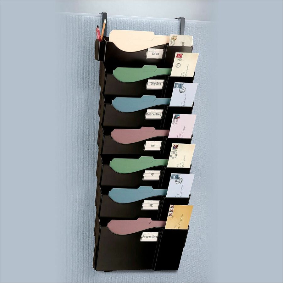 Business Source Grande Central 7-Section Filing System - 7 Pocket(s) - 38.25" Height x 16" Width x 4.75" Depth - Expandable, Removable, Labeling Area, Durable - Black - Plastic - 7 / Pack