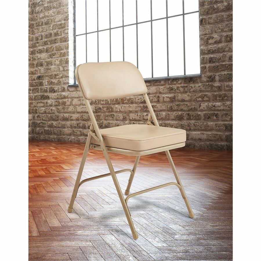 National Public Seating 3200 Series Folding Chairs - French Beige Seat Color - Foam, Vinyl Seat Material - French Beige Back Color - Foam, Vinyl Back Material - Beige Frame Color - Tubular Steel Frame Material - Beige - Vinyl, Polypropylene - 2 / Carton