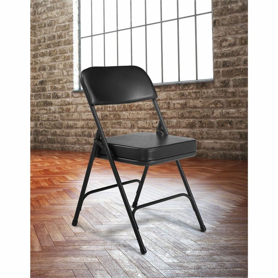 National Public Seating 3200 Series Folding Chairs - Caviar Black Seat Color - Foam, Vinyl Seat Material - Caviar Black Back Color - Foam, Vinyl Back Material - Black Frame Color - Tubular Steel Frame Material - Black - Vinyl, Polypropylene - 2 / Carton