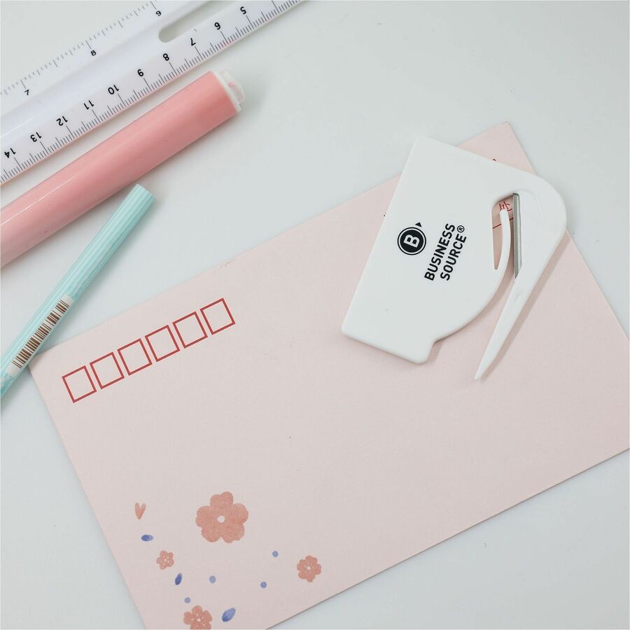 Business Source Hand Letter Opener - Concealed Steel Blade - Handheld - White - Compact, Durable, Portable - 12 / Box