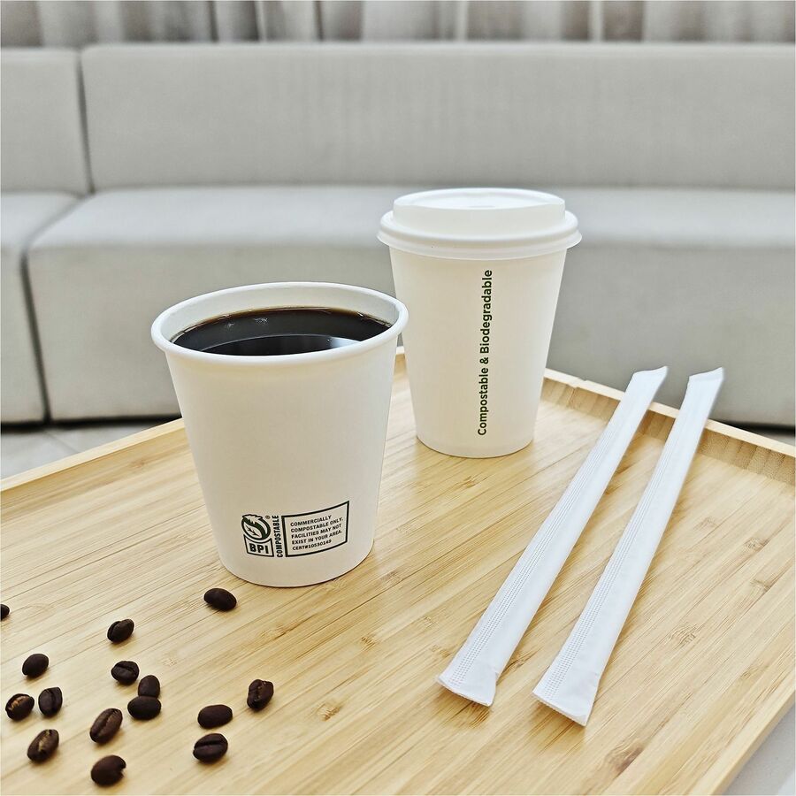 Genuine Joe BPI Certified Compostable Paper Cups - 12 fl oz - Leak Proof Closure - White - Paper, Polylactic Acid (PLA) - Cold, Beverage, Breakroom