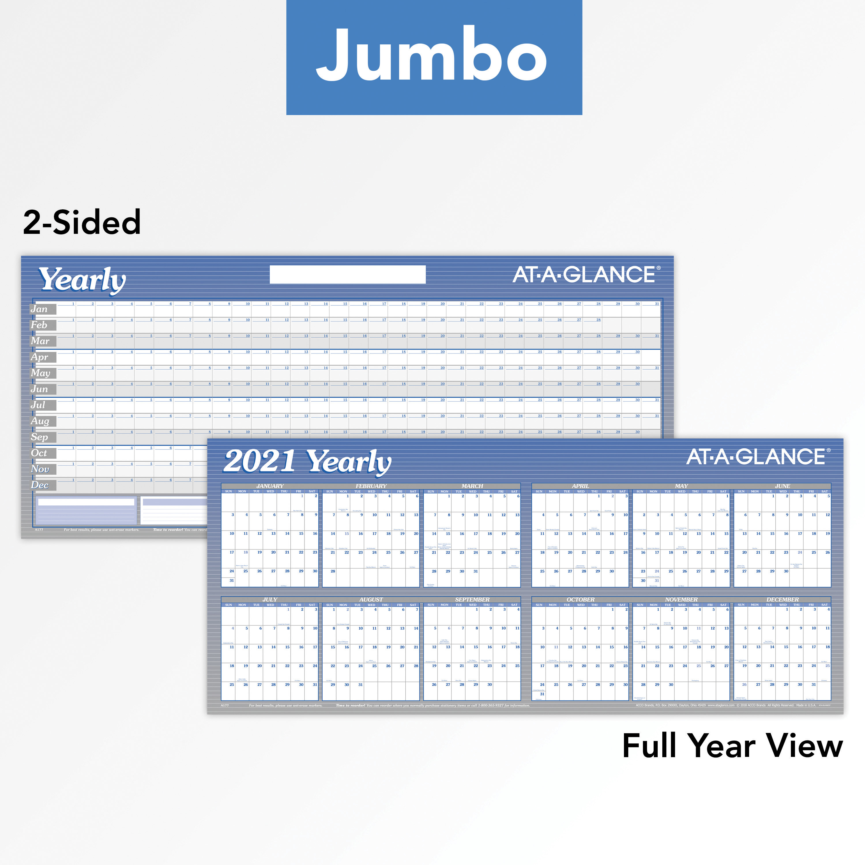 At A Glance Large Erasable Reversible Horizontal Yearly Wall Planner Yearly 1 Year January 21 Till December 21 60 X 26 Sheet Size Blue Erasable Reversible Laminated Write On Wipe Off 1 Each Degroot Technology