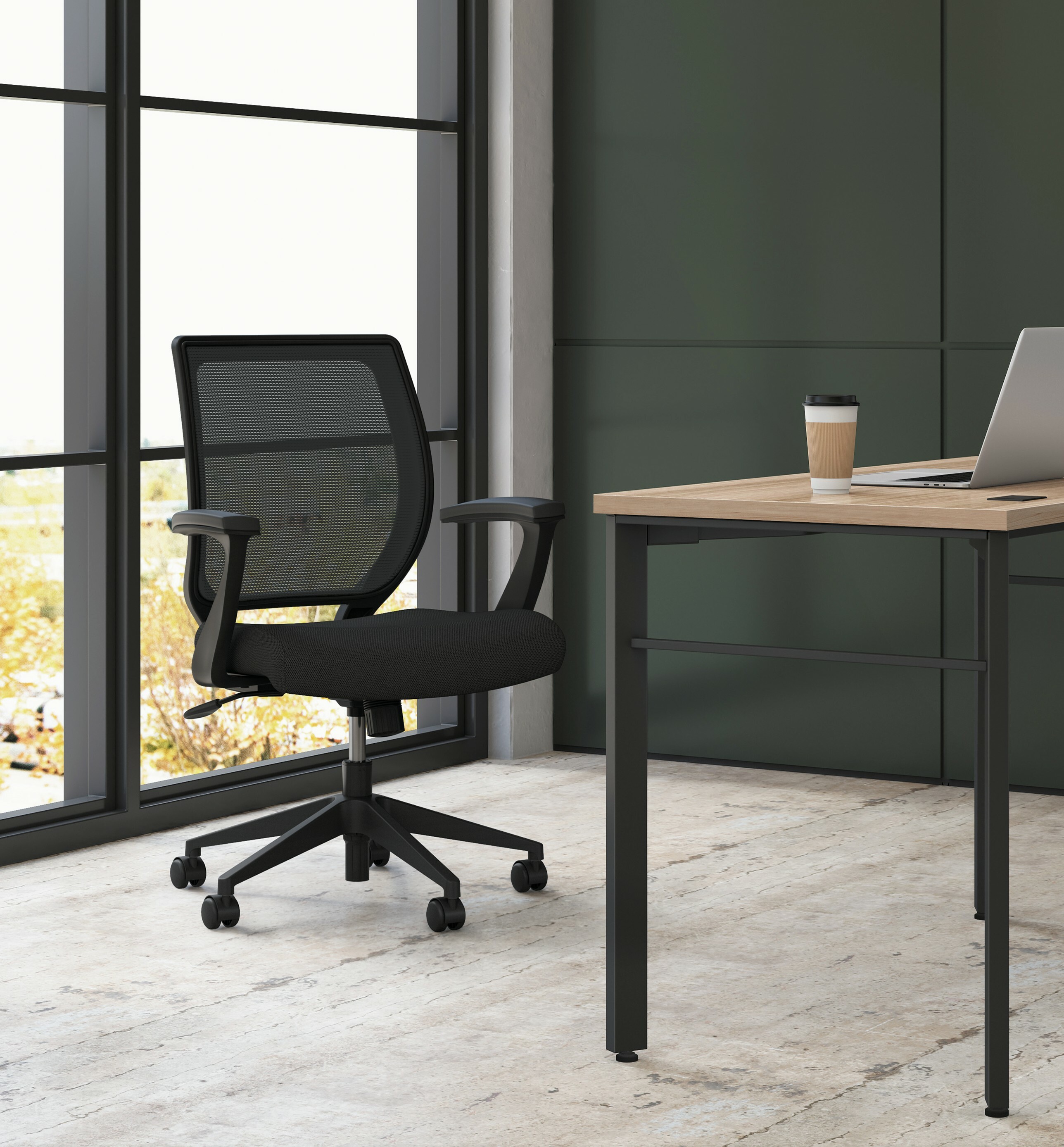 Basyx by HON Mesh Mid-Back Task Chair | Center-Tilt | Fixed Arms | Black Fabric