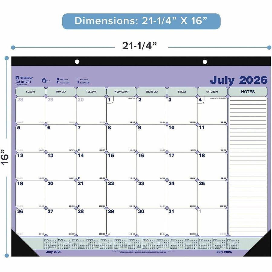 Blueline 2025-2026 13-Month Monthly Academic Desk Pad/Calendar - July to July - 21-1/4" x 16" - English