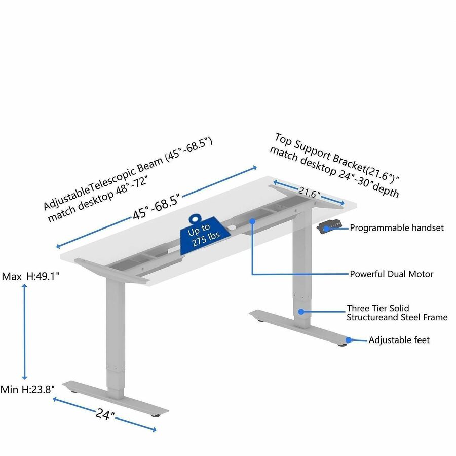 Lorell Sit-to-Stand Two-Tier Base - Silver Base - 2 Legs - 2 Tier(s) - 275 lb Capacity - Height Adjustable - 3-Stage - 45.10" Height - Workstation - Assembly Required - Steel Base Material - Steel Frame Material - 1 Each