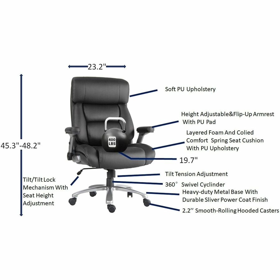 Lorell Big & Tall Flip Arm Chair - Mesh, Vinyl Back Material - Plastic Frame Material - Black - Armrest