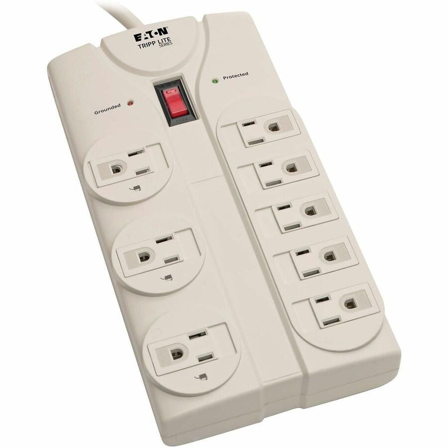 Protect It! 8-Outlet Surge Protector, 8 Ft. Cord with Right-Angle Plug, 1440 Joules, Diagnostic Leds, Light Gray Housing