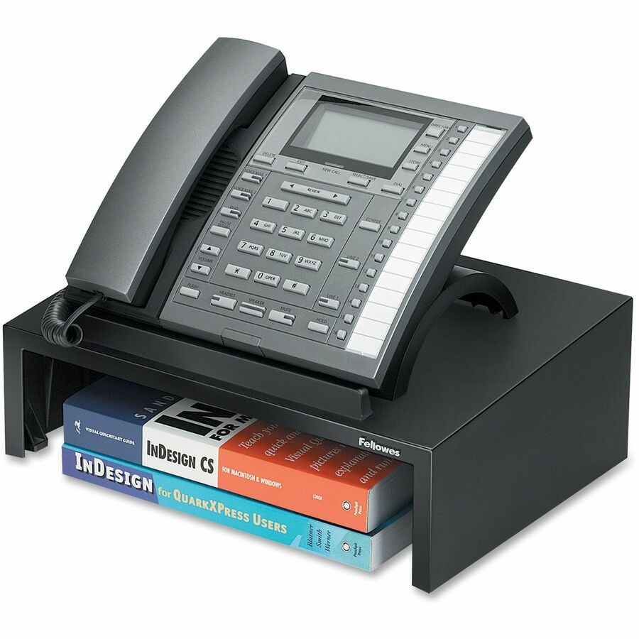 THE FELLOWES DESIGNER SUITES PHONE STAND HAS AN ANGLED SURFACE TO KEEP YOUR PHON