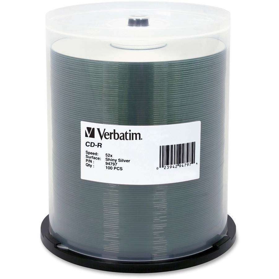 Verbatim CD-R 700MB 52X DataLifePlus Shiny Silver Silk Screen Printable - 100pk Spindle - 120mm - Printable - Silk-screen Printable - 1.33 Hour Maximum Recording Time