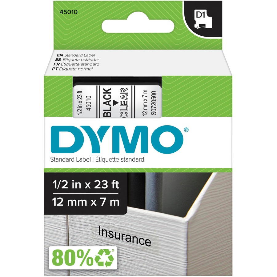 DYMO D1 Electronic Tape, 1/2"x23' Size, Black/Clear