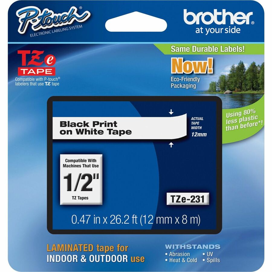 BROTHER TZE231 Laminated Tape 1/2" Black on White for P-Touch (26.2 ft)