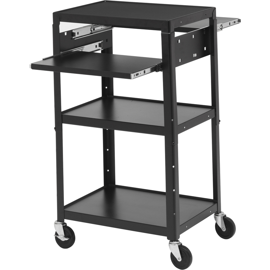 ADJUSTABLE AV CART WITH TWO SLIDE OUT ACCESSORY SHELVES. BLACK COLOR. NO POWER.