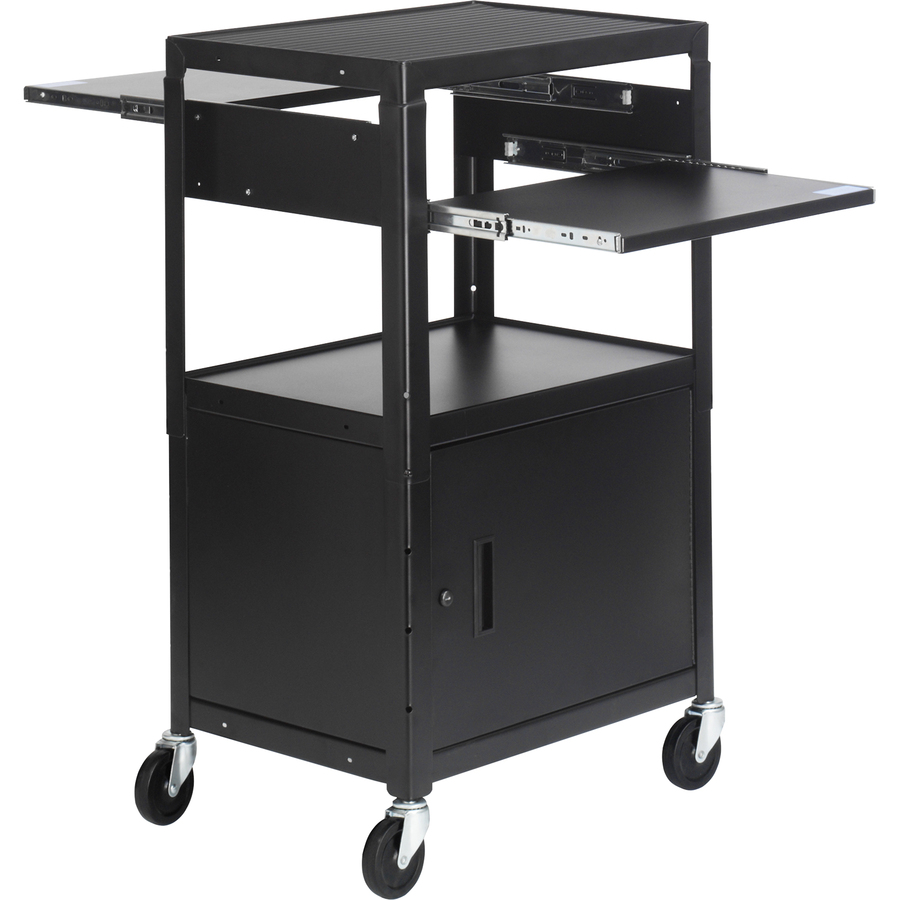 ADJUSTABLE AV CABINET CART WITH TWO SLIDE OUT ACCESSORY SHELVES. BLACK COLOR. NO