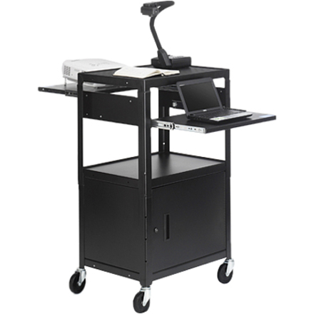 ADJUSTABLE AV CABINET CART WITH TWO SLIDE OUT ACCESSORY SHELVES. BLACK COLOR. 6-