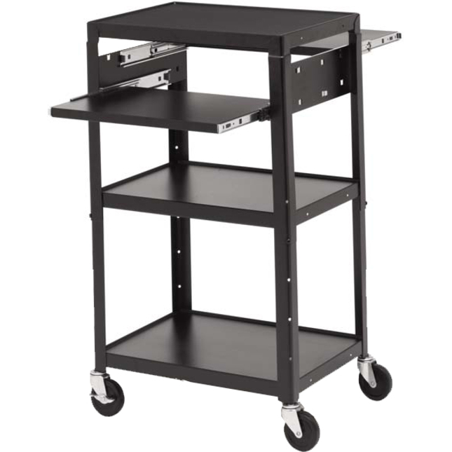 ADJUSTABLE AV CART WITH TWO SLIDE OUT ACCESSORY SHELVES 5IN WHEELS. BLACK. 6 OUT