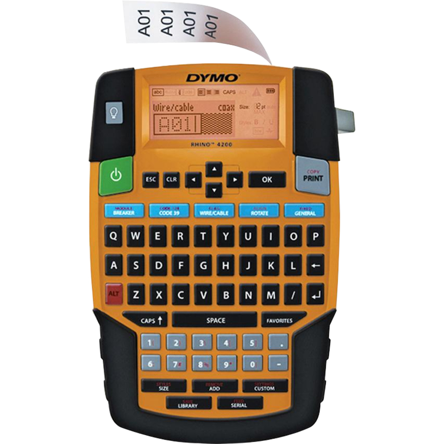 Dymo Rhino 4200 Soft Case Labelmaker Kit - Thermal Transfer - Label, Tape - 0.25" (6.35 mm), 0.37" (9.40 mm), 0.50" (12.70 mm), 0.75" (19.05 mm) - LCD Screen - Battery, Power Adapter - Lithium Ion (Li-Ion) - Battery Included - Yellow, Black - Handheld - Q
