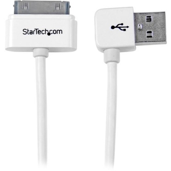 StarTech 1m (3 ft) Apple Dock Connector to Left Angle USB Cable for iPod / iPhone / iPad with Stepped Connector - USB/Proprietary for iPod, iPhone, iPad, Cellular Phone - 3.3 ft - 1 Pack - 1 x Type A Male USB - 1 x Male Proprietary Connector - Shielding - White (USB2ADC1MUL)