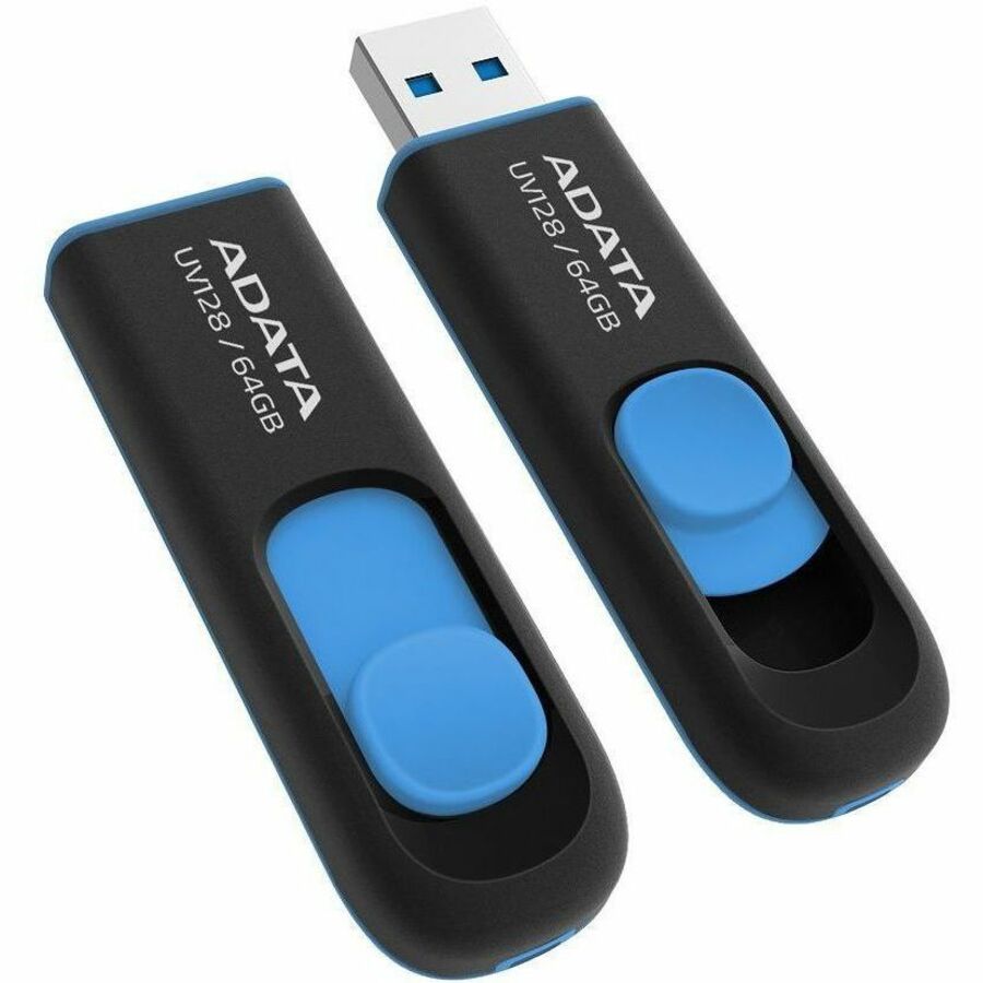 ADATA (DashDrive UV128) - Clé USB 3.0 rétractable de 64 Go | jusqu'à 90 Mo/s de lecture ; 40 Mo/s d'écriture | noir / bleu