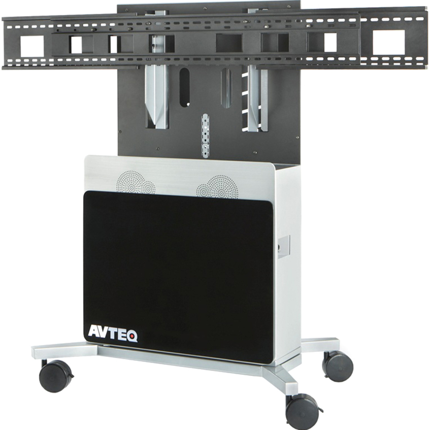 MOBILE CART SUPPORTS DUAL DISPLAYS UP TO 82. INCLUDES POWERED SPEAKER MODULE, 10