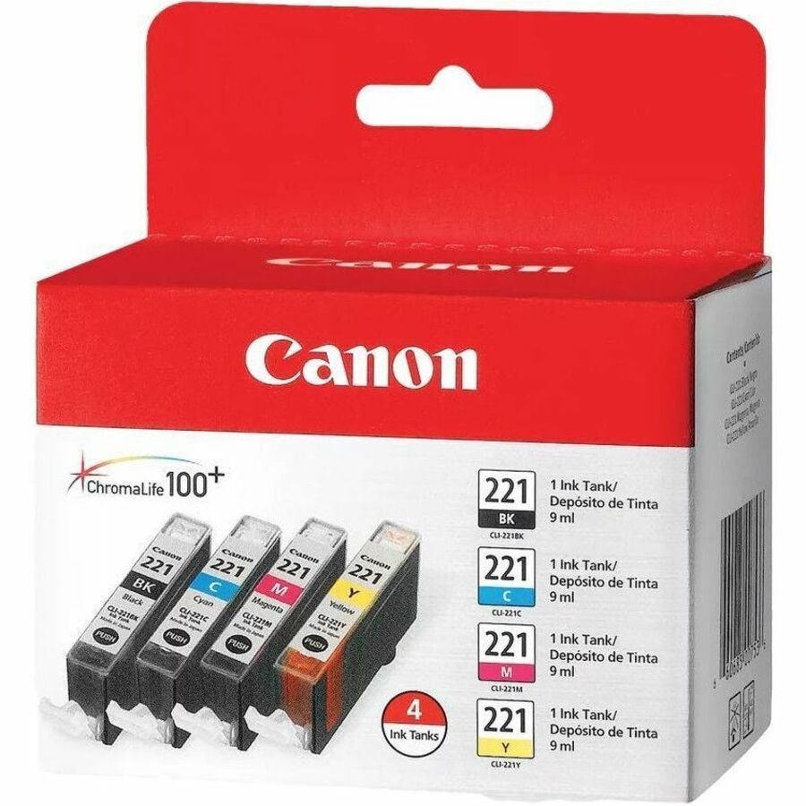 Canon CLI-221 Inkjet Ink Cartridge - Black, Yellow, Cyan, Magenta - 4 / Pack - 9 mL Black, 9 mL Cyan, 9 mL Magenta, 9 mL Yellow