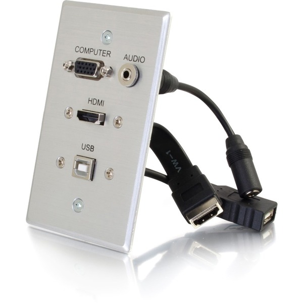 Cables To Go HDMI, VGA, 3.5mm Audio and USB Pass Through Single Gang Wall Plate - Aluminum (39707)