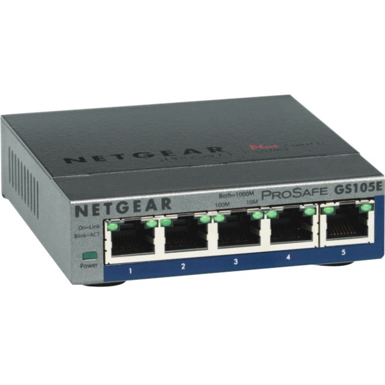 NETGEAR (GS105E-200NAS) Switch ProSafe Plus, 5 ports Gigabit Ethernet - 5 ports - 5 x RJ-45 - 10/100/1000Base-T - Montage mural O