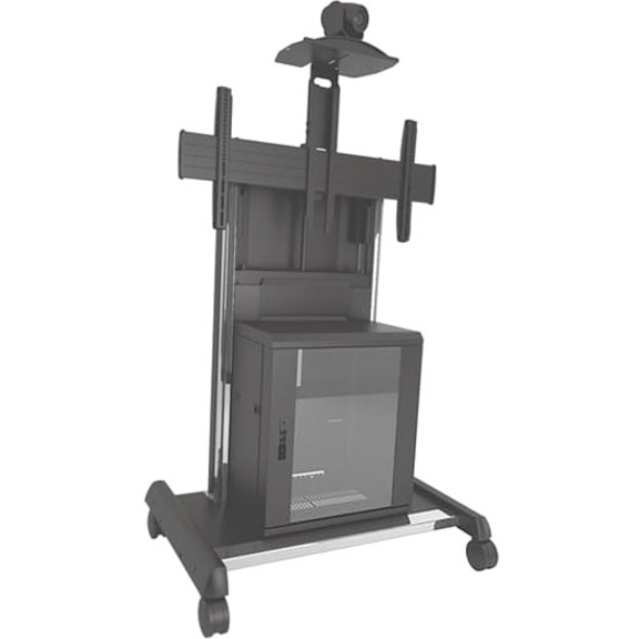 THIS MOBILE FUSION AV CART INCORPORATES ROUNDED EDGES AND SLEEK FEATURES TO GIVE