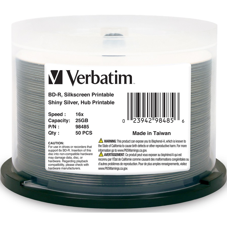 VERBATIM BD-R 25GB 16X SHINY SILVER SILK SCREEN PRINTABLE, HUB PRINTABLE-50PK SP