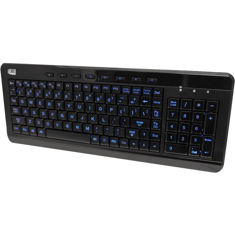 Adesso 3-Color Illuminated Compact Multimedia Keyboard - Cable Connectivity - USB Interface Backlight On/Off, Play/Pause, Mute, Volume Down, Volume Up, Illumination Key, Adjustable Brightness, Windows Key Hot Key(s) - English, French - Windows - Membrane