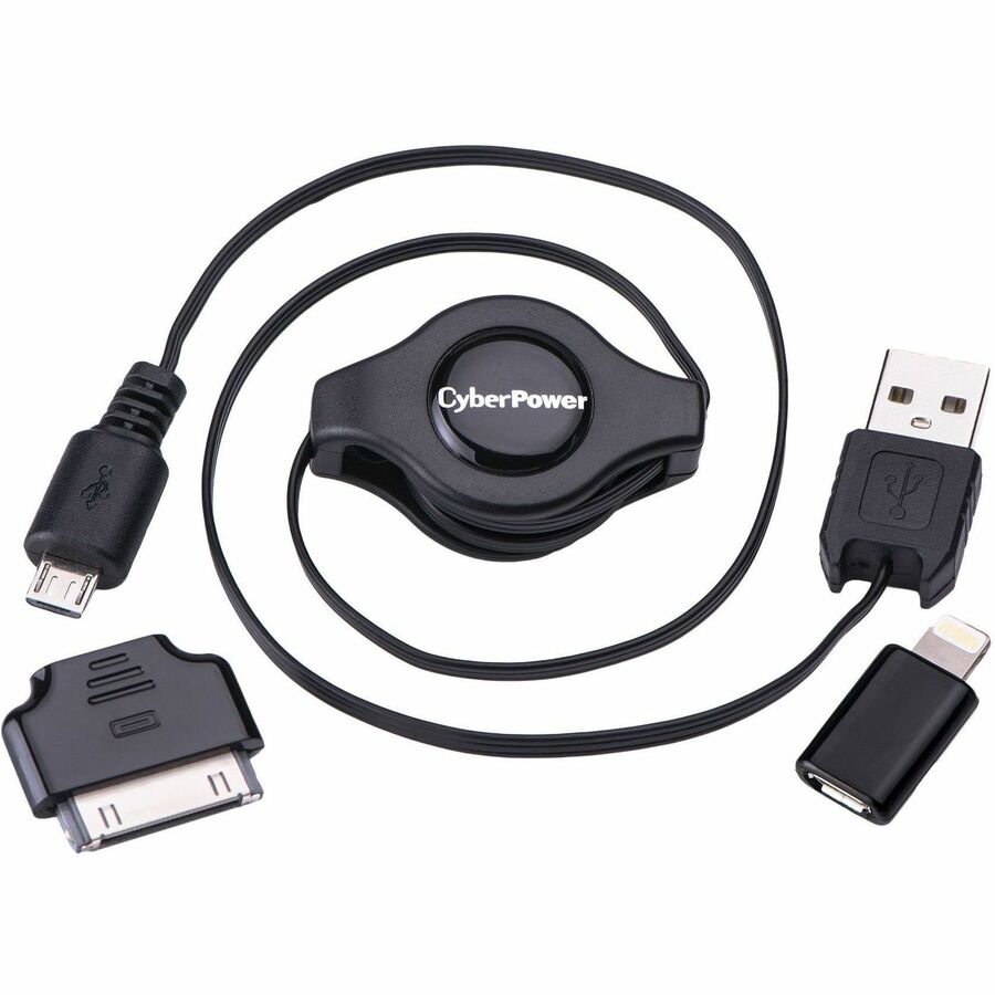 THE CYBERPOWER IDEVICE USB CABLE KIT CONTAINS 3 PIECES; A RETRACTABLE MICRO-USB